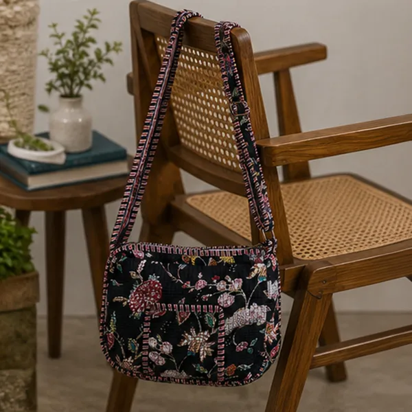 Raat_Rani_Quilted_Sling_Bag_Black_Cotton_Crossbody_With_Red_Pink_Ivory_Chintz_Floral_Jaal_House_Of_Virasaat