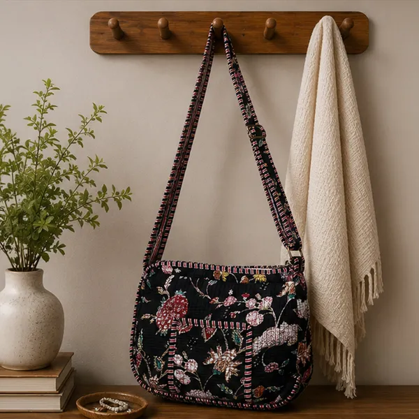 Raat_Rani_Quilted_Sling_Bag_Black_Cotton_Crossbody_With_Red_Pink_Ivory_Chintz_Floral_Jaal_House_Of_Virasaat