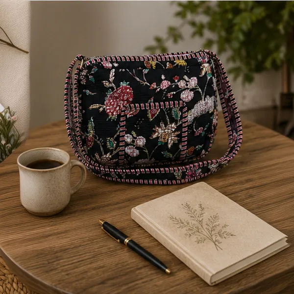 Raat_Rani_Quilted_Sling_Bag_Black_Cotton_Crossbody_With_Red_Pink_Ivory_Chintz_Floral_Jaal_House_Of_Virasaat