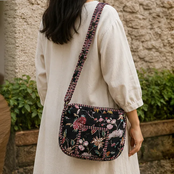 Raat_Rani_Quilted_Sling_Bag_Black_Cotton_Crossbody_With_Red_Pink_Ivory_Chintz_Floral_Jaal_House_Of_Virasaat
