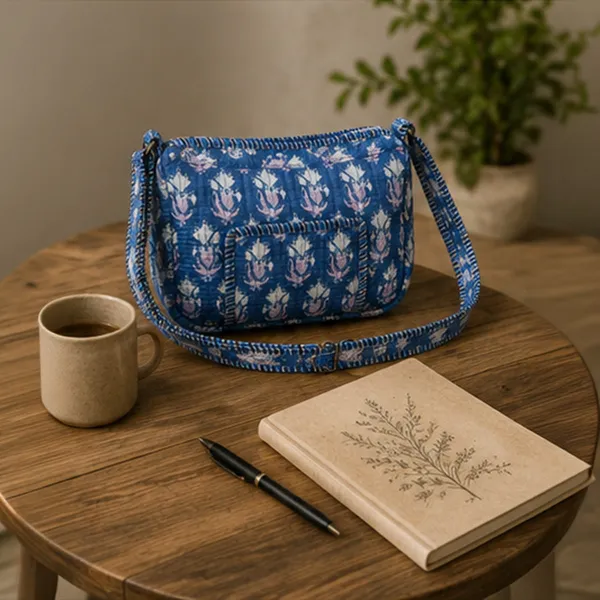 Neel_Kamal_Quilted_Sling_Bag_Indigo_Blue_Cotton_Crossbody_With_White_Lavender_Lotus_Buti_Front_Pocket_House_Of_Virasaat