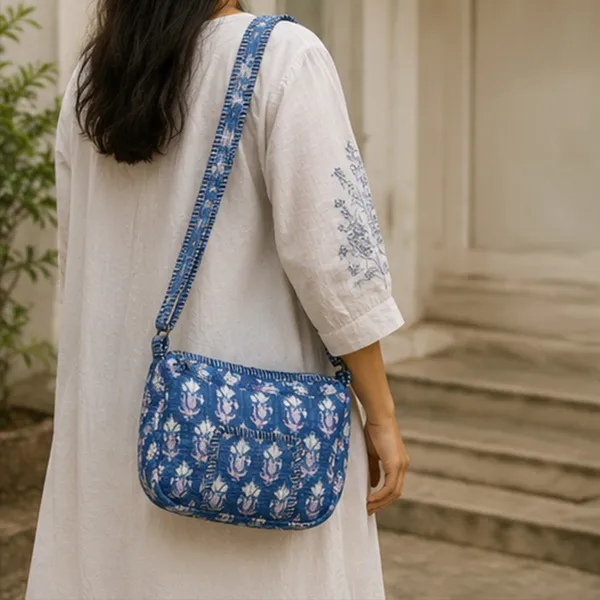 Neel_Kamal_Quilted_Sling_Bag_Indigo_Blue_Cotton_Crossbody_With_White_Lavender_Lotus_Buti_Front_Pocket_House_Of_Virasaat