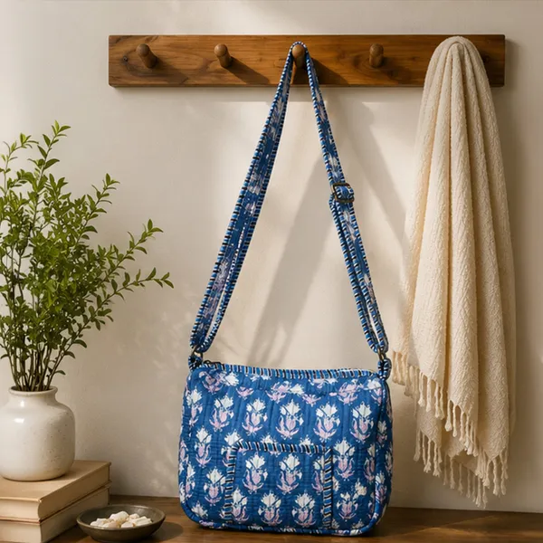 Neel_Kamal_Quilted_Sling_Bag_Indigo_Blue_Cotton_Crossbody_With_White_Lavender_Lotus_Buti_Front_Pocket_House_Of_Virasaat