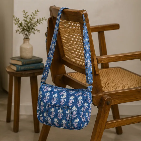 Neel_Kamal_Quilted_Sling_Bag_Indigo_Blue_Cotton_Crossbody_With_White_Lavender_Lotus_Buti_Front_Pocket_House_Of_Virasaat