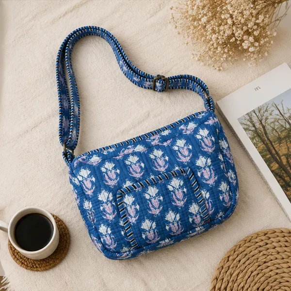Neel_Kamal_Quilted_Sling_Bag_Indigo_Blue_Cotton_Crossbody_With_White_Lavender_Lotus_Buti_Front_Pocket_House_Of_Virasaat