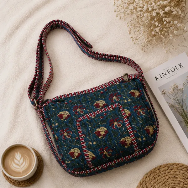 Neel_Gul_Quilted_Sling_Bag_Midnight_Blue_Cotton_Crossbody_With_Red_Mustard_Floral_Jaal_Front_Pocket_House_Of_Virasaat