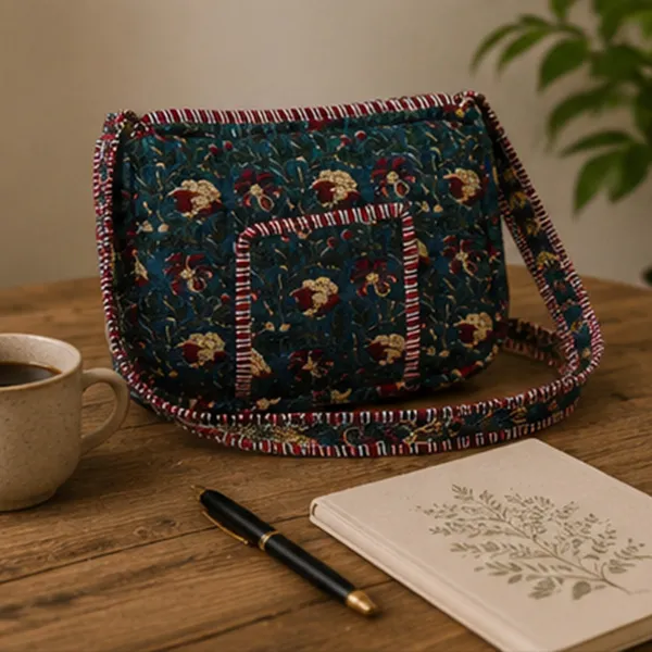 Neel_Gul_Quilted_Sling_Bag_Midnight_Blue_Cotton_Crossbody_With_Red_Mustard_Floral_Jaal_Front_Pocket_House_Of_Virasaat