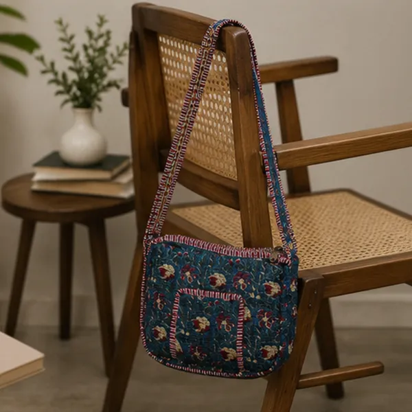 Neel_Gul_Quilted_Sling_Bag_Midnight_Blue_Cotton_Crossbody_With_Red_Mustard_Floral_Jaal_Front_Pocket_House_Of_Virasaat
