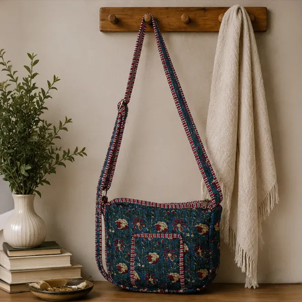 Neel_Gul_Quilted_Sling_Bag_Midnight_Blue_Cotton_Crossbody_With_Red_Mustard_Floral_Jaal_Front_Pocket_House_Of_Virasaat