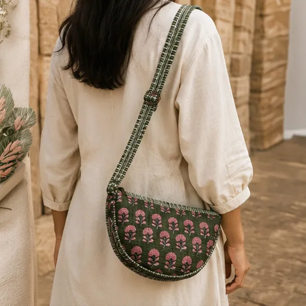 Gulnaar_Crescent_Sling_Bag_Deep_Olive_Green_Quilted_Cotton_Crossbody_With_Pink_Mughal_Buti_House_Of_Virasaat