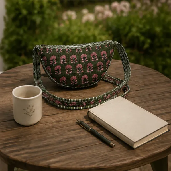 Gulnaar_Crescent_Sling_Bag_Deep_Olive_Green_Quilted_Cotton_Crossbody_With_Pink_Mughal_Buti_House_Of_Virasaat