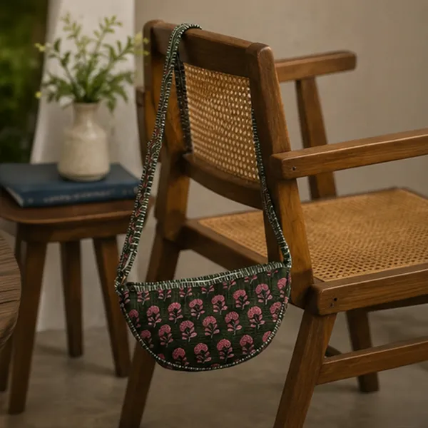 Gulnaar_Crescent_Sling_Bag_Deep_Olive_Green_Quilted_Cotton_Crossbody_With_Pink_Mughal_Buti_House_Of_Virasaat