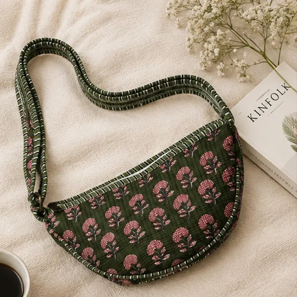 Gulnaar_Crescent_Sling_Bag_Deep_Olive_Green_Quilted_Cotton_Crossbody_With_Pink_Mughal_Buti_House_Of_Virasaat