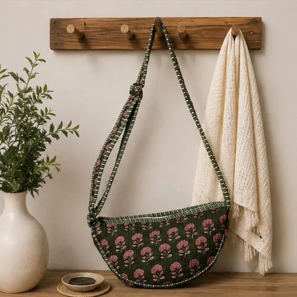 Gulnaar_Crescent_Sling_Bag_Deep_Olive_Green_Quilted_Cotton_Crossbody_With_Pink_Mughal_Buti_House_Of_Virasaat