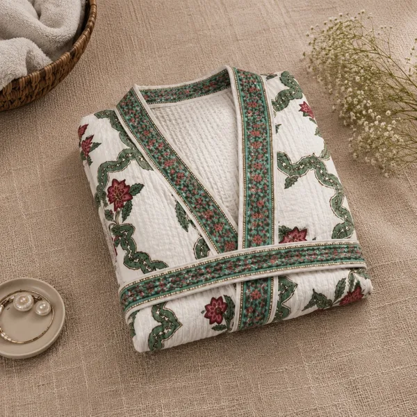 Gul_E_Bagh_Waffle_Bathrobe_Off_White_Quilted_Cotton_Robe_With_Red_Floral_Green_Vine_Jaal_House_Of_Virasaat