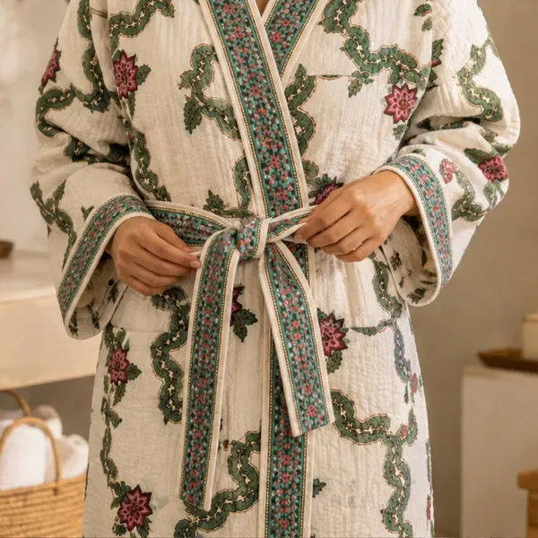 Gul_E_Bagh_Waffle_Bathrobe_Off_White_Quilted_Cotton_Robe_With_Red_Floral_Green_Vine_Jaal_House_Of_Virasaat