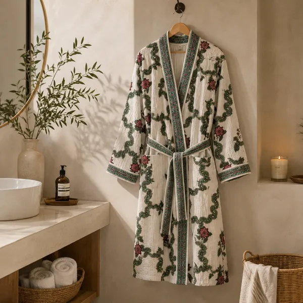 Gul_E_Bagh_Waffle_Bathrobe_Off_White_Quilted_Cotton_Robe_With_Red_Floral_Green_Vine_Jaal_House_Of_Virasaat
