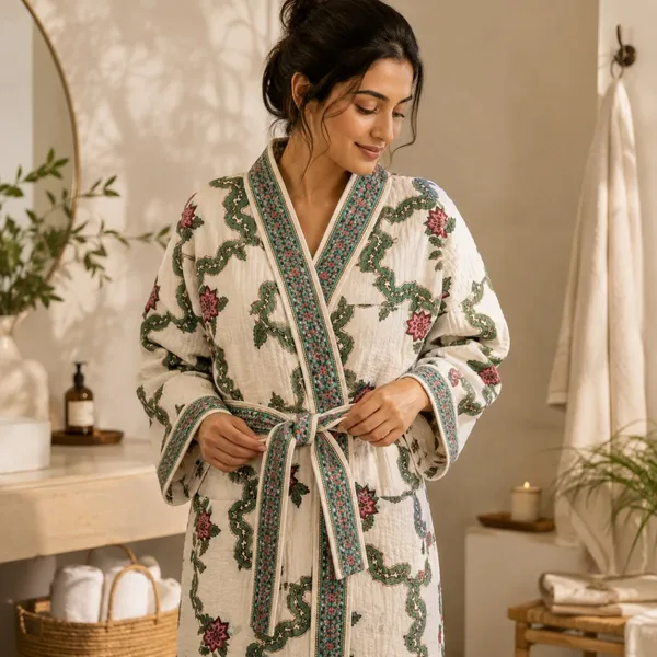Gul_E_Bagh_Waffle_Bathrobe_Off_White_Quilted_Cotton_Robe_With_Red_Floral_Green_Vine_Jaal_House_Of_Virasaat