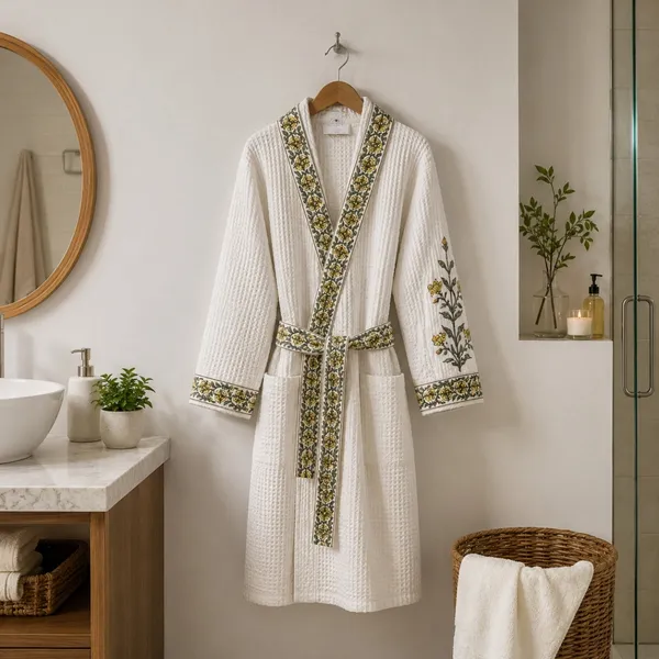 Peeli_Bagh_Waffle_Bathrobe_White_Cotton_Bath_Robe_With_Yellow_Marigold_Floral_Border_Sleeve_Buti_House_Of_Virasaat