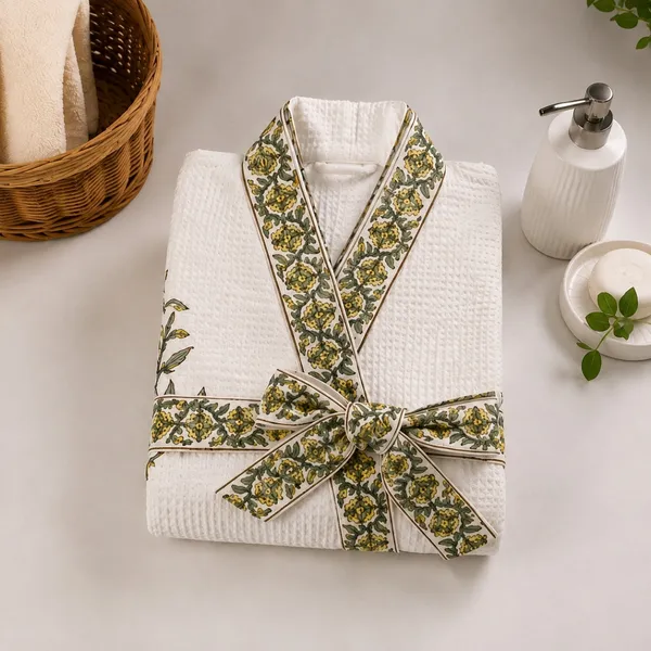 Peeli_Bagh_Waffle_Bathrobe_White_Cotton_Bath_Robe_With_Yellow_Marigold_Floral_Border_Sleeve_Buti_House_Of_Virasaat