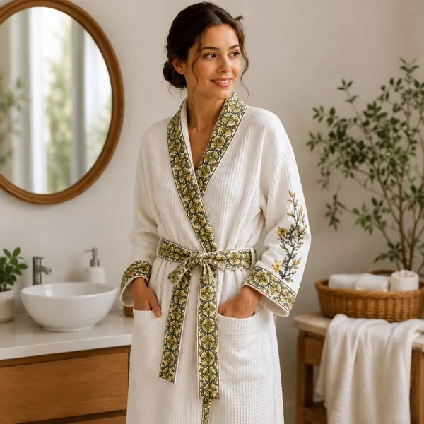 Peeli_Bagh_Waffle_Bathrobe_White_Cotton_Bath_Robe_With_Yellow_Marigold_Floral_Border_Sleeve_Buti_House_Of_Virasaat