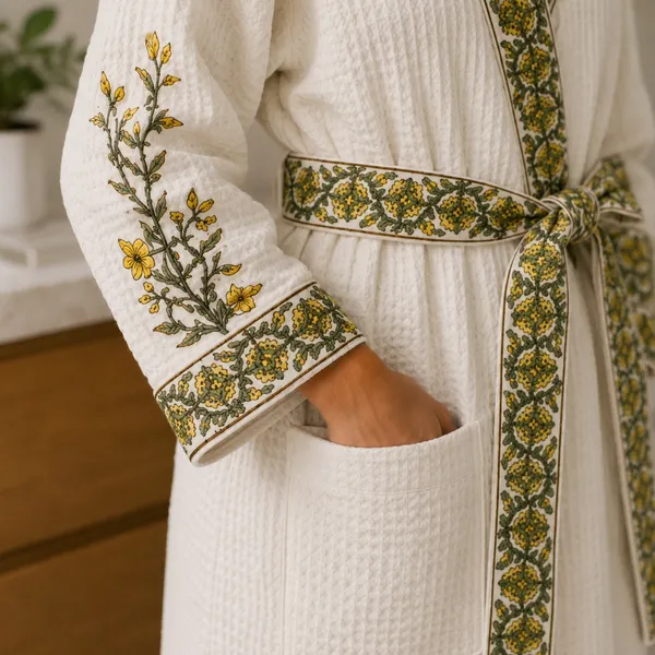 Peeli_Bagh_Waffle_Bathrobe_White_Cotton_Bath_Robe_With_Yellow_Marigold_Floral_Border_Sleeve_Buti_House_Of_Virasaat