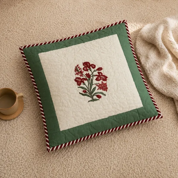Laal_Buta_Quilted_Cushion_Cover_Set_Of_2_16x16_Off_White_With_Red_Mughal_Floral_Sage_Green_Border_House_Of_Virasaat
