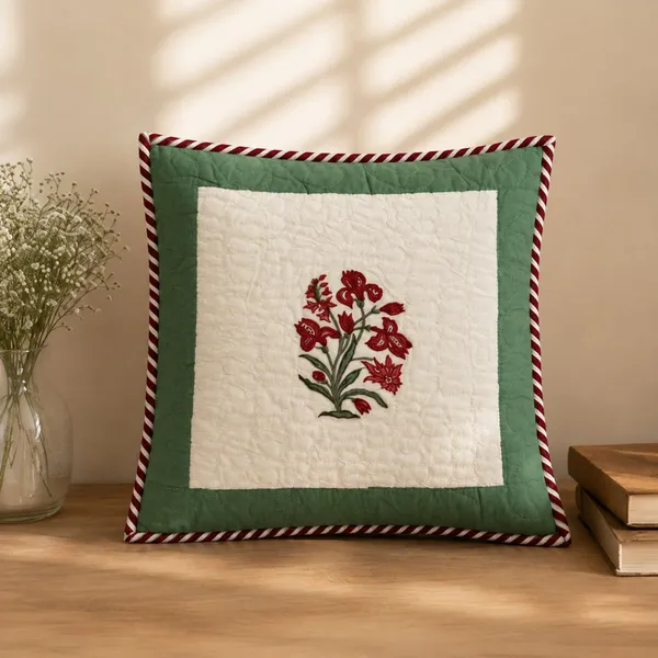 Laal_Buta_Quilted_Cushion_Cover_Set_Of_2_16x16_Off_White_With_Red_Mughal_Floral_Sage_Green_Border_House_Of_Virasaat