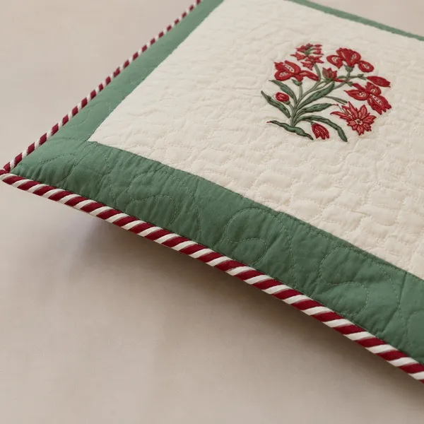 Laal_Buta_Quilted_Cushion_Cover_Set_Of_2_16x16_Off_White_With_Red_Mughal_Floral_Sage_Green_Border_House_Of_Virasaat