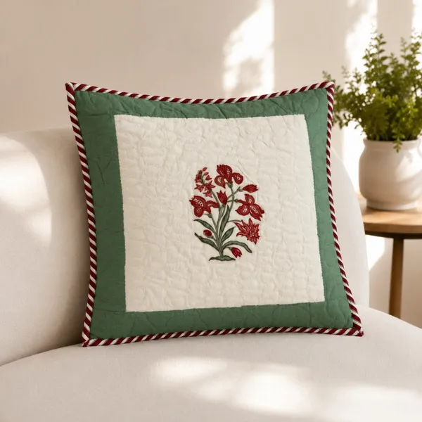 Laal_Buta_Quilted_Cushion_Cover_Set_Of_2_16x16_Off_White_With_Red_Mughal_Floral_Sage_Green_Border_House_Of_Virasaat