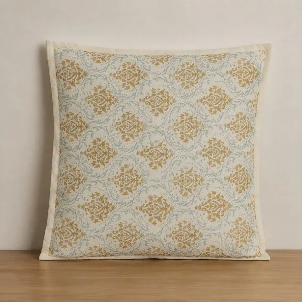 Sunehri_Jaal_Quilted_Cushion_Cover_Set_Of_2_16x16_Off_White_With_Mustard_Gold_Powder_Blue_Damask_House_Of_Virasaat