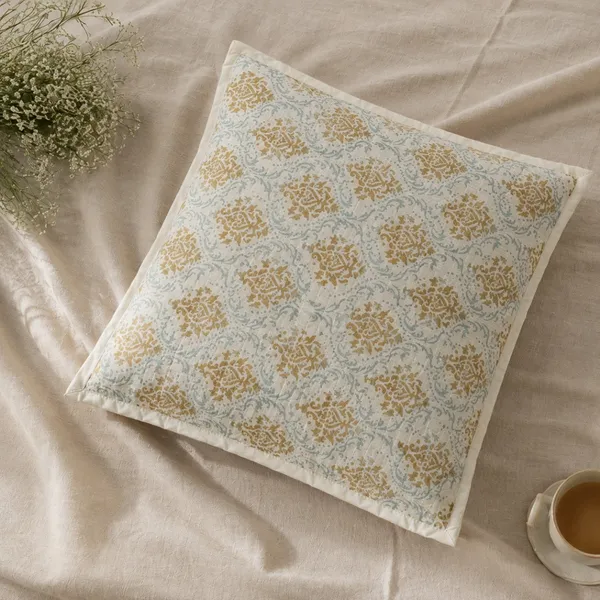 Sunehri_Jaal_Quilted_Cushion_Cover_Set_Of_2_16x16_Off_White_With_Mustard_Gold_Powder_Blue_Damask_House_Of_Virasaat