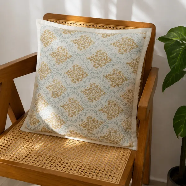 Sunehri_Jaal_Quilted_Cushion_Cover_Set_Of_2_16x16_Off_White_With_Mustard_Gold_Powder_Blue_Damask_House_Of_Virasaat
