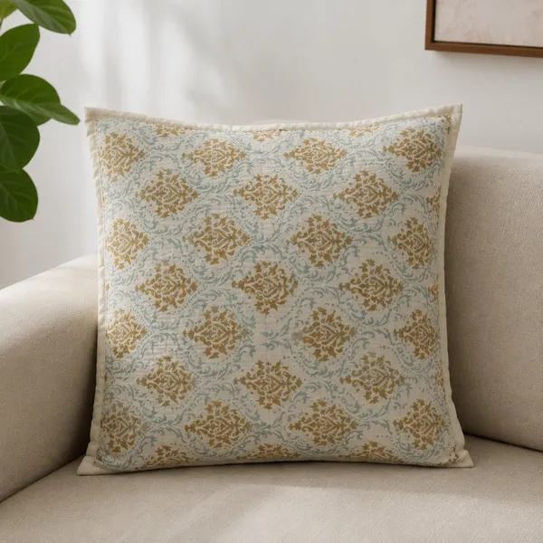 Sunehri_Jaal_Quilted_Cushion_Cover_Set_Of_2_16x16_Off_White_With_Mustard_Gold_Powder_Blue_Damask_House_Of_Virasaat