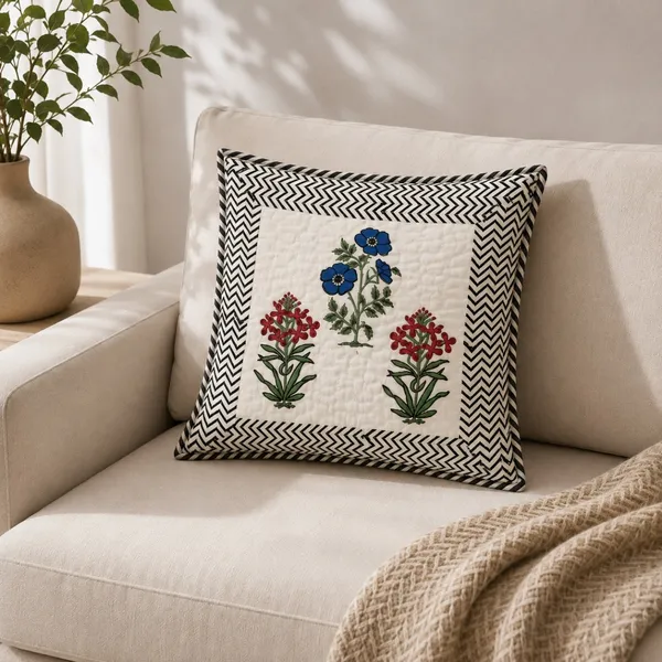 Bagh_E_Gul_Quilted_Cushion_Cover_Set_Of_2_16x16_White_With_Blue_Red_Mughal_Floral_Black_Chevron_Border_House_Of_Virasaat