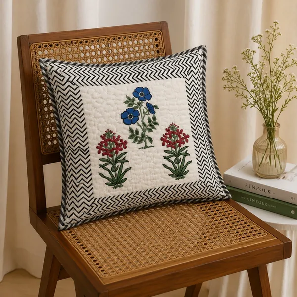 Bagh_E_Gul_Quilted_Cushion_Cover_Set_Of_2_16x16_White_With_Blue_Red_Mughal_Floral_Black_Chevron_Border_House_Of_Virasaat