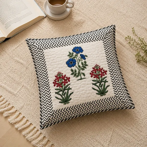 Bagh_E_Gul_Quilted_Cushion_Cover_Set_Of_2_16x16_White_With_Blue_Red_Mughal_Floral_Black_Chevron_Border_House_Of_Virasaat
