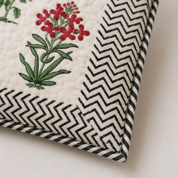 Bagh_E_Gul_Quilted_Cushion_Cover_Set_Of_2_16x16_White_With_Blue_Red_Mughal_Floral_Black_Chevron_Border_House_Of_Virasaat