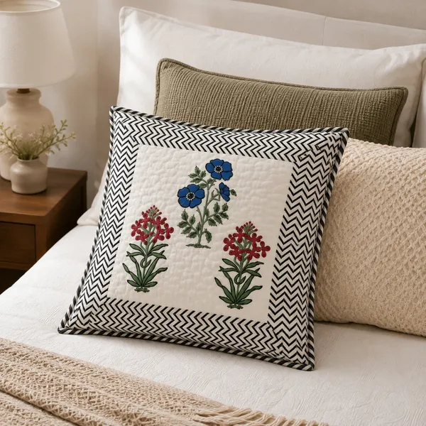 Bagh_E_Gul_Quilted_Cushion_Cover_Set_Of_2_16x16_White_With_Blue_Red_Mughal_Floral_Black_Chevron_Border_House_Of_Virasaat