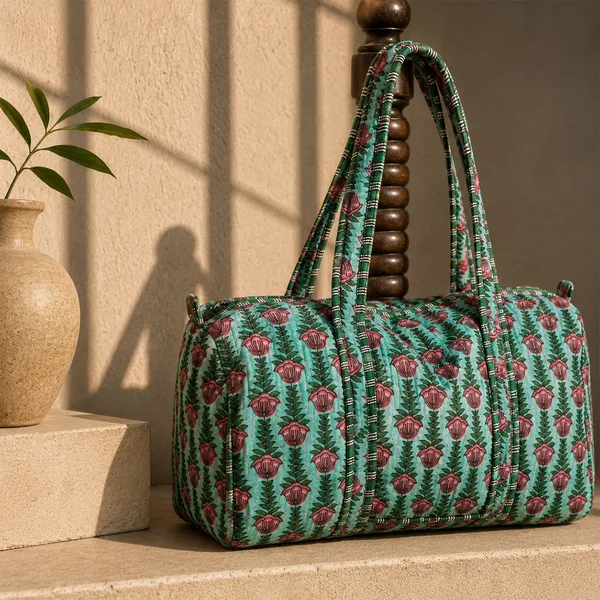 Hari_Gulabi_Weekender_Duffle_Bag_Turquoise_Green_Pink_Tulip_Quilted_Travel_Bag_House_Of_Virasaat