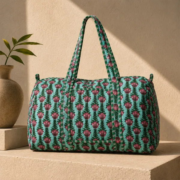 Hari_Gulabi_Weekender_Duffle_Bag_Turquoise_Green_Pink_Tulip_Quilted_Travel_Bag_House_Of_Virasaat