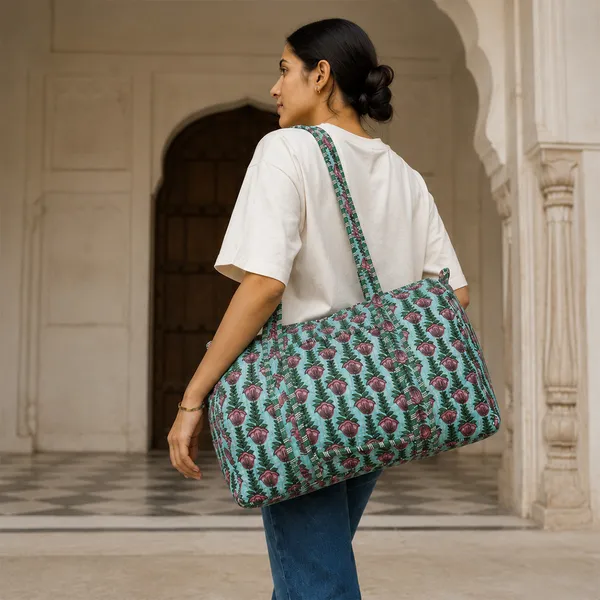 Hari_Gulabi_Weekender_Duffle_Bag_Turquoise_Green_Pink_Tulip_Quilted_Travel_Bag_House_Of_Virasaat