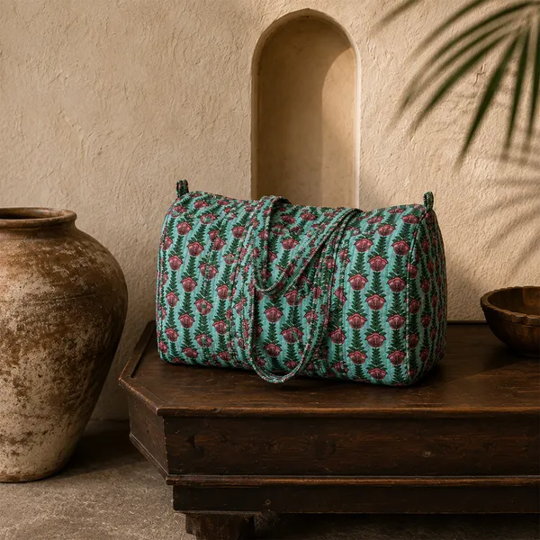 Hari_Gulabi_Weekender_Duffle_Bag_Turquoise_Green_Pink_Tulip_Quilted_Travel_Bag_House_Of_Virasaat