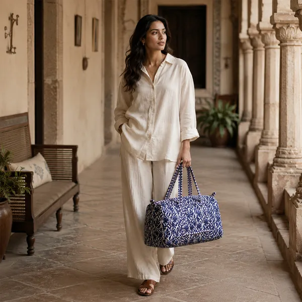 Neel_Jaal_Weekender_Duffle_Bag_Indigo_Blue_Quilted_Travel_Bag_House_Of_Virasaat