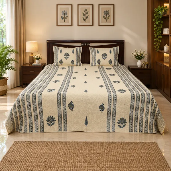 Neel_Kamal_King_Size_Bedcover_Off_White_Indigo_Blue_Jaipuri_Quilted_Bed_Cover_With_2_Pillow_Covers_House_Of_Virasaat