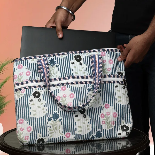 Dhundli_Phool_Office_Laptop_Bag_Grey_White_Floral_Quilted_Laptop_Bag_With_Zip_House_Of_Virasaat