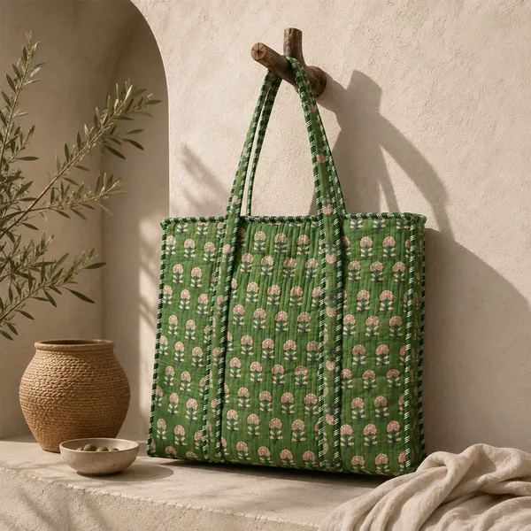 Hari_Phool_Buti_Tote_Bag_Forest_Green_Pink_Block_Print_Quilted_Tote_House_Of_Virasaat