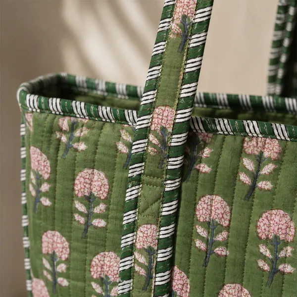 Hari_Phool_Buti_Tote_Bag_Forest_Green_Pink_Block_Print_Quilted_Tote_House_Of_Virasaat