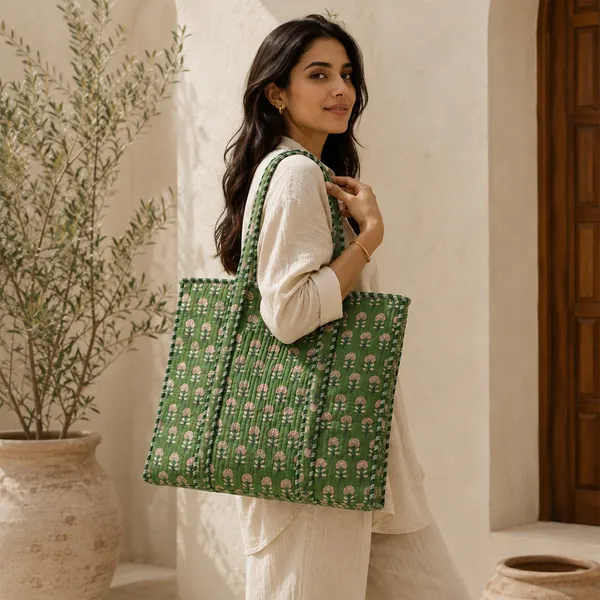 Hari_Phool_Buti_Tote_Bag_Forest_Green_Pink_Block_Print_Quilted_Tote_House_Of_Virasaat