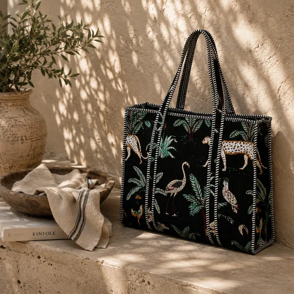 Kala_Jungle_Tote_Bag_Black_Tropical_Safari_Quilted_Tote_House_Of_Virasaat